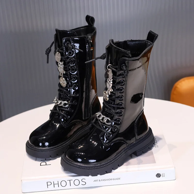 

Winter Knee-length Boots for Girls Chain Fashion Boots Pearls Kids Leather Shoes England Style Youth Girls Streetwear Shoes