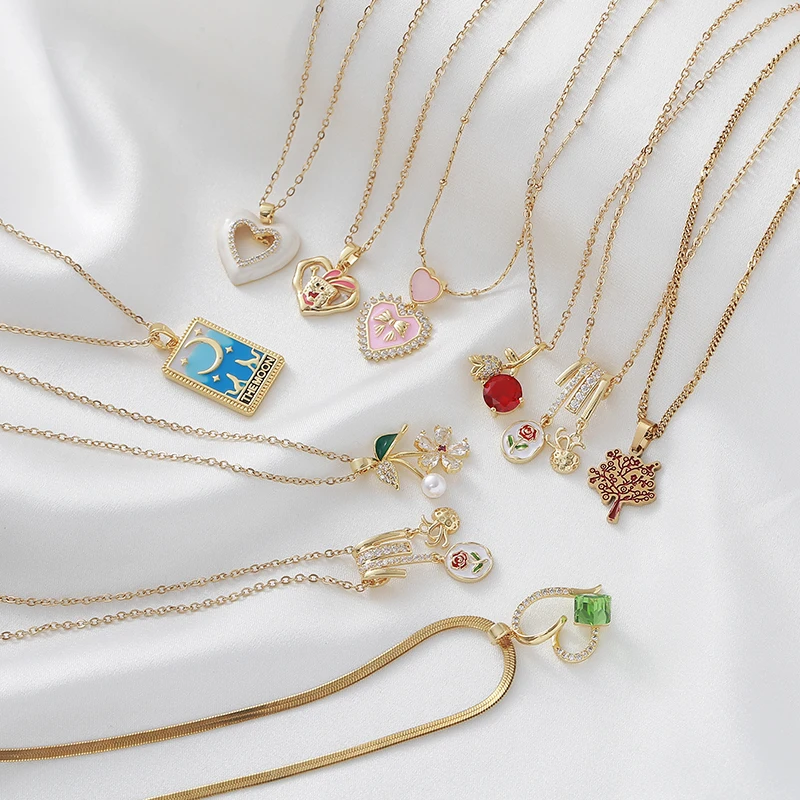 

Stainless Steel Colorful Zircon Love Heart Necklaces For Women Girls Trendy Romantic Flower Tulips Roses Pendant Jewelry Gifts