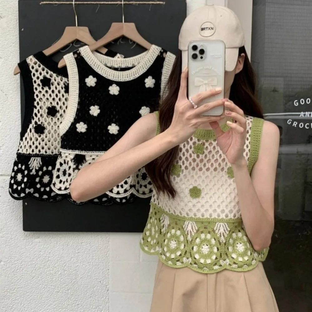 Fashionable Cotton Women Crochet Garment Knitting Hollowing Out Floral Crop Tops Soft and Skin Friendly Hollow Out Camisole