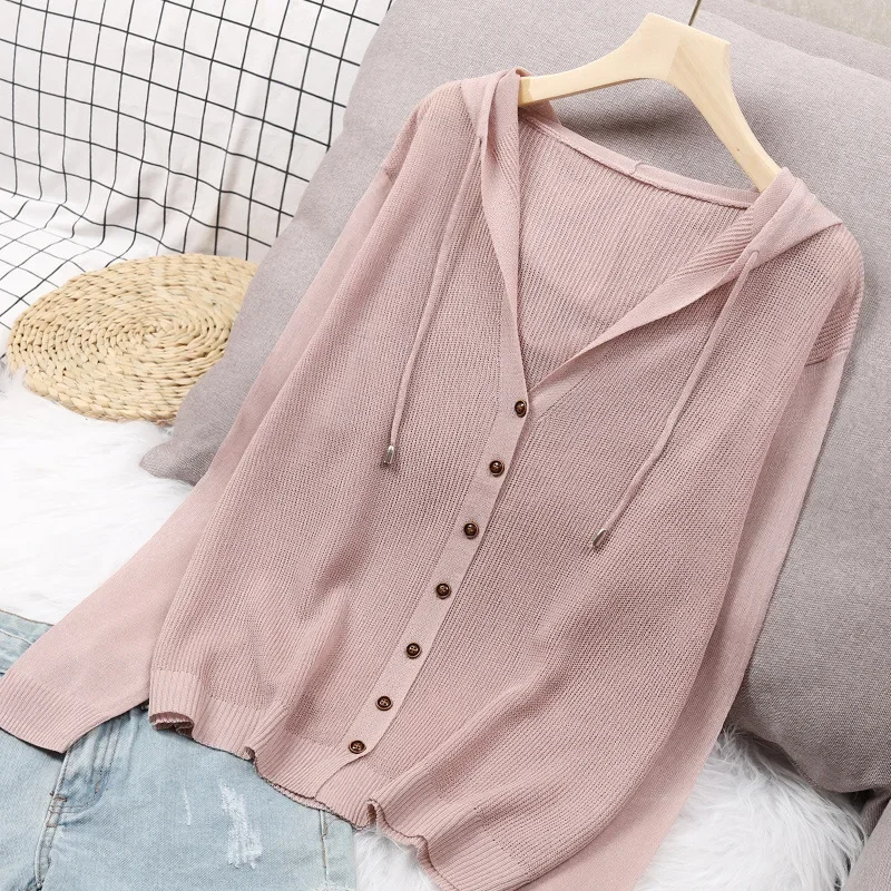 Summer Hooded Solid Color Knitted Jacket New Loose Hollow Cardigan Button V Neck Long Sleeve Large Size Top for Women Clothes