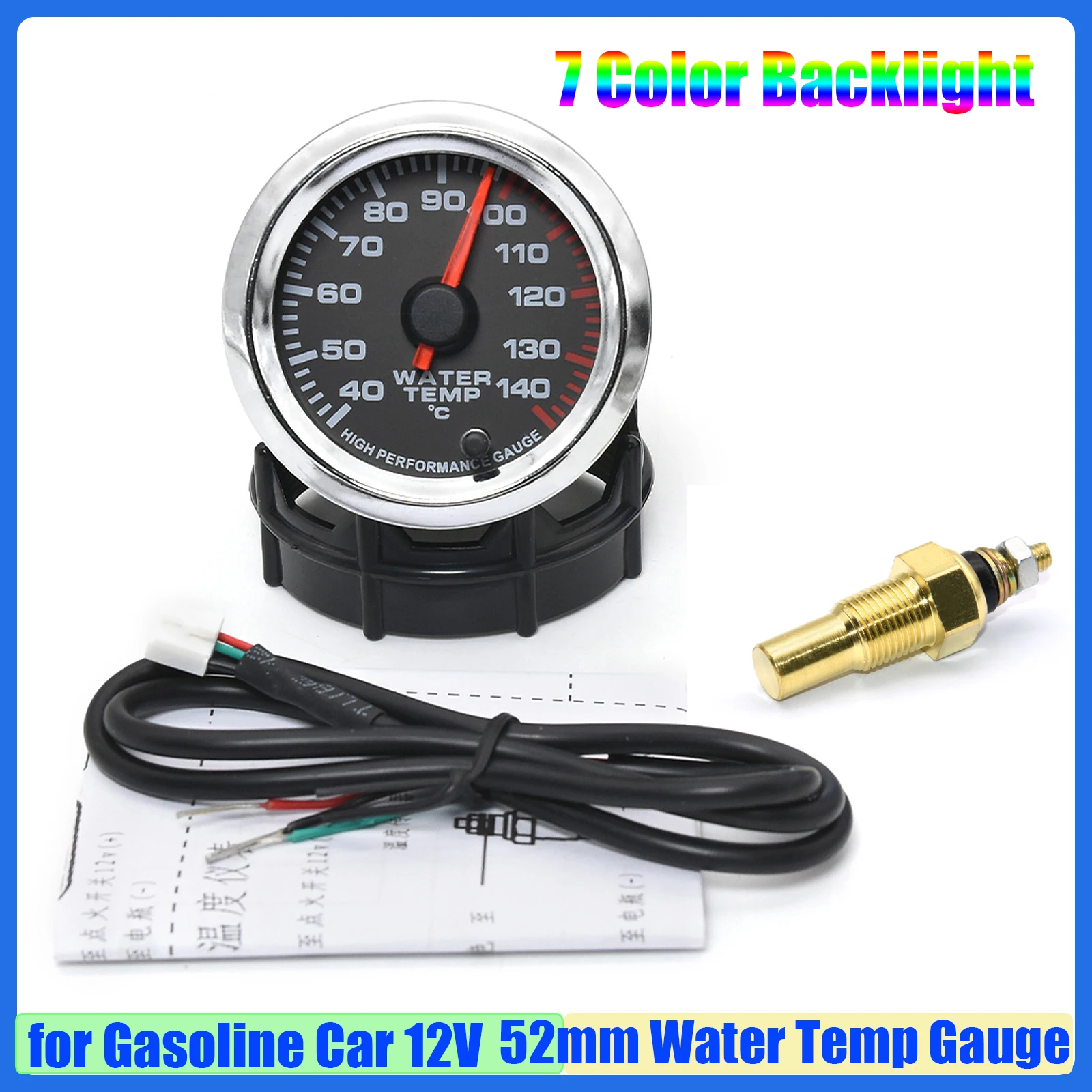 

Автомобиль MAIMEIMI 40-140 ℃ Измеритель температуры воды, 7 цветов, светодиодный датчик температуры воды 2 дюйма, 52 мм, с датчиком 1/8NPT для гоночного автомобиля, 12 В