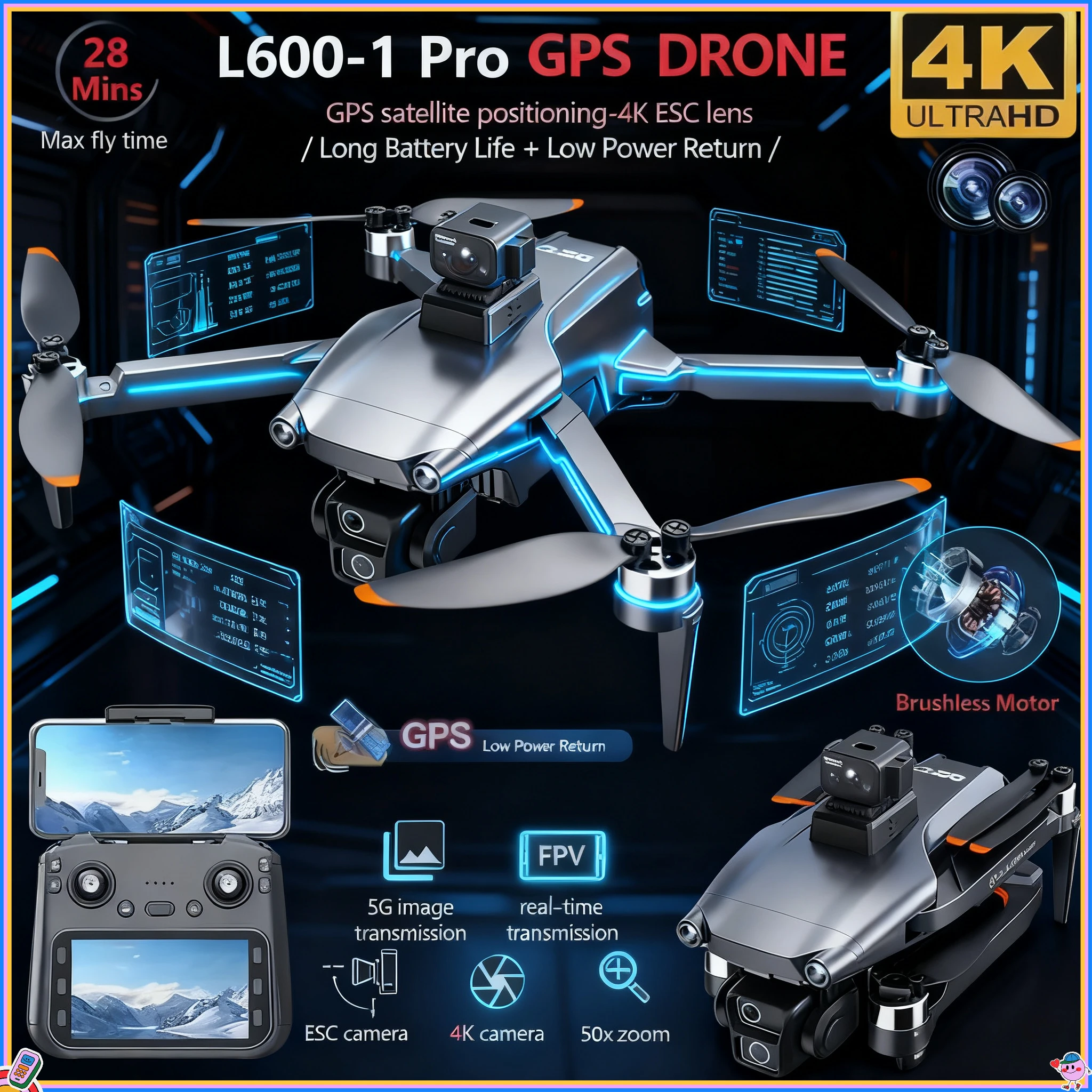 

L600-1 Pro MAX GPS Drone 4K Professional HD Dual Camera With Screen 5G WIFI 360°Obstacle Avoidance Brushless Rc Quadcopter Drone