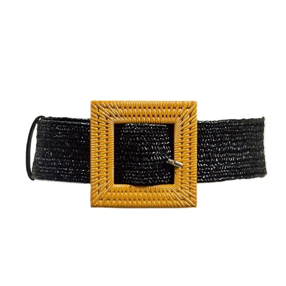 

Black Knitted Women Belt Vintage Ladies Belts for Dresses Female Brown Wide Big Square Buckle Braided Belts Fashion Design New
