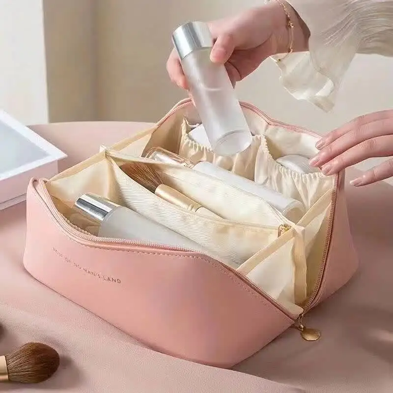 Women Travel Makeup Bag PU Cosmetic Organizer Large Capacity Toiletry Bag Wide Opening Portable Wash Bag