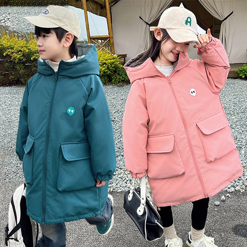 Autumn Winter Boys Reversible Long Hooded Parka Jacket 2-12 Years Kids Windproof Waterproof Thick Warm Down Cotton Coat