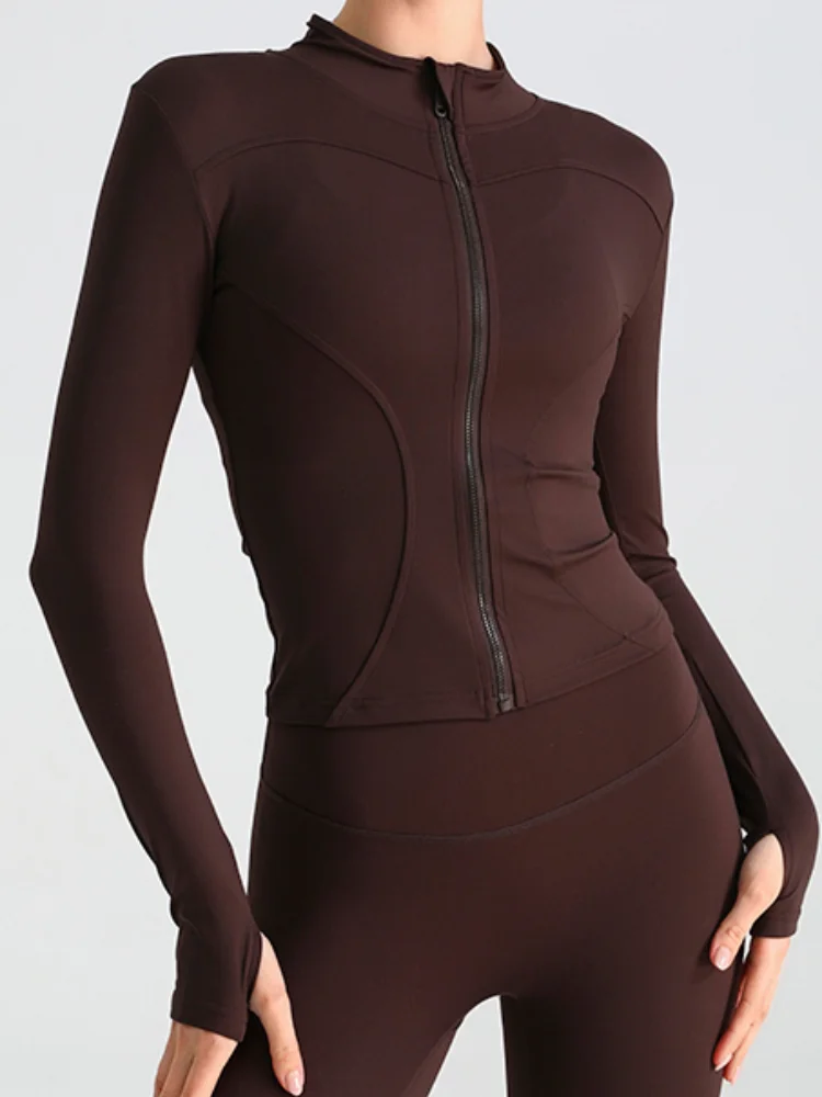 Cropped Athletic Jacket Trendy Women Zip Front Long Sleeve Slim Fit Top Solid Gym Yoga Daily Running Female Cropped Sports Coat