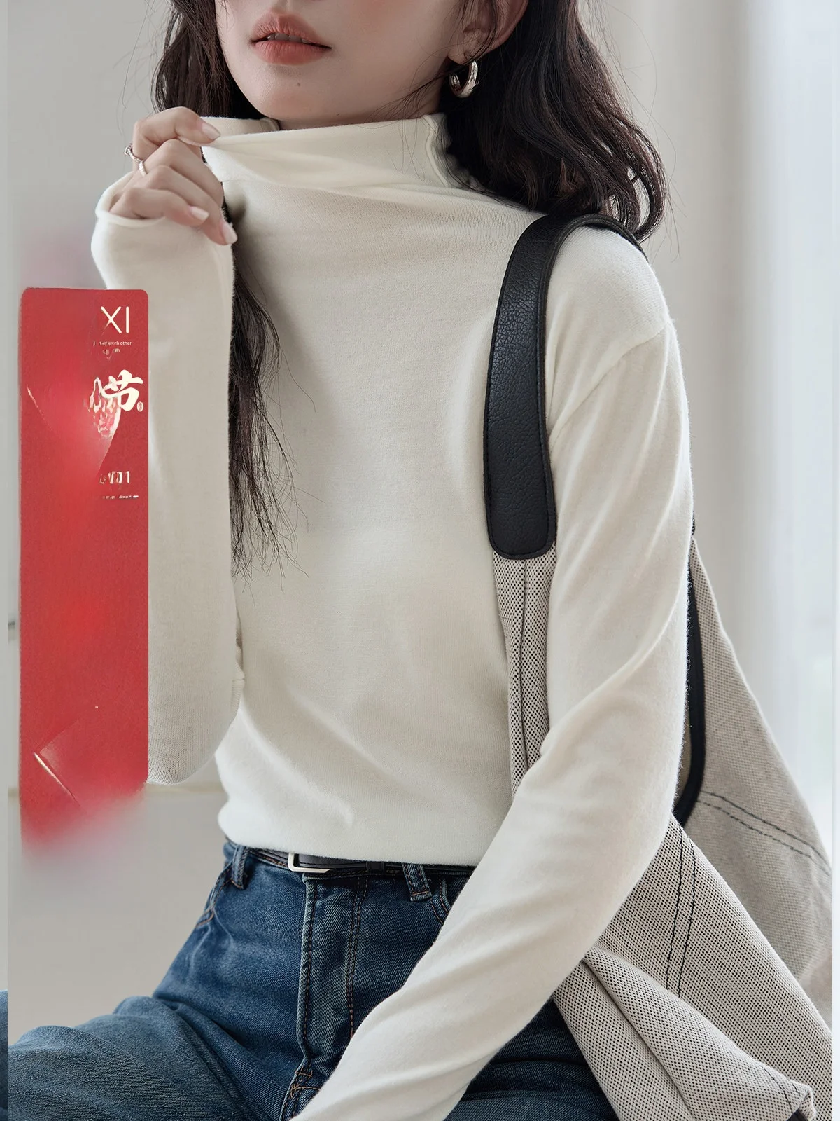 

HuiXi White High Collar Knitwear Women's Long Sve Base irt Simple Ele Versatile Autumn Winter New Arrival Commute Sle