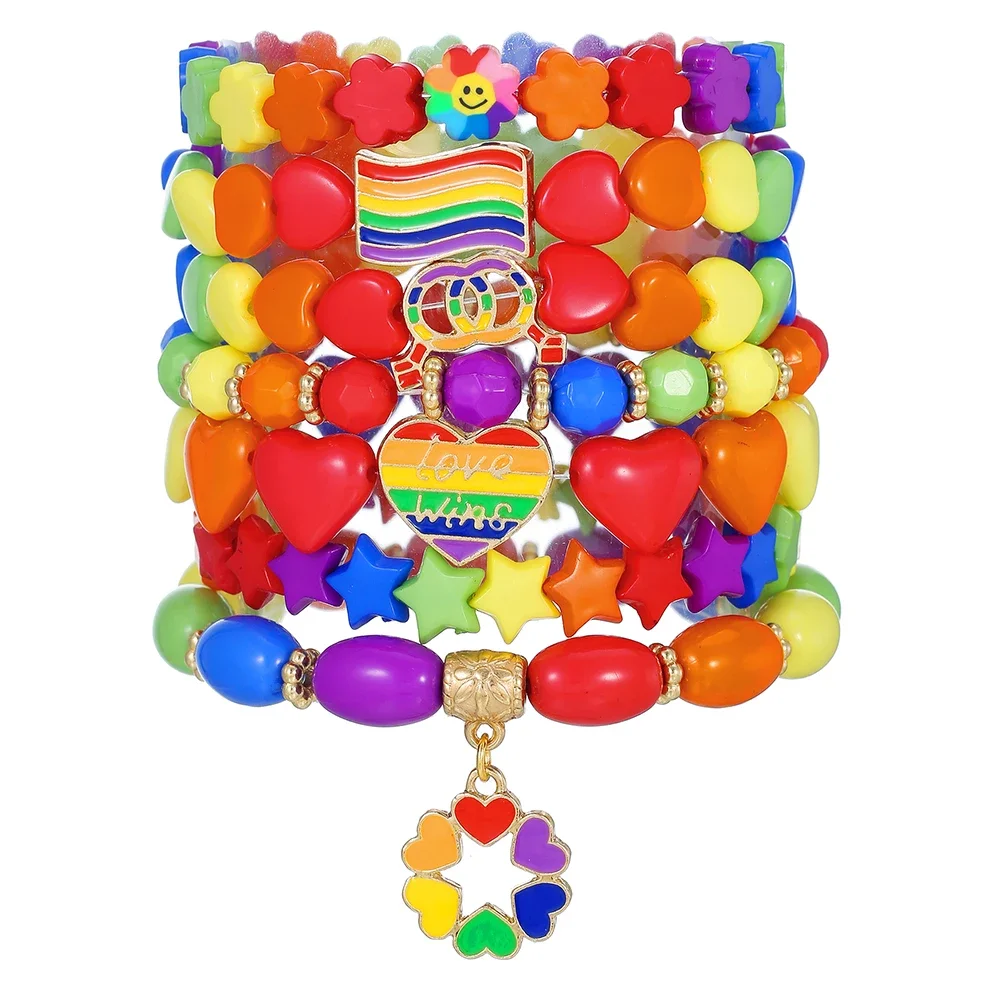 7Pc/s Simple Creative Design Love Five-Pointed Star Rainbow Flag Color Simple Fashion Wind Elastic Beaded Bracelet Set for Women