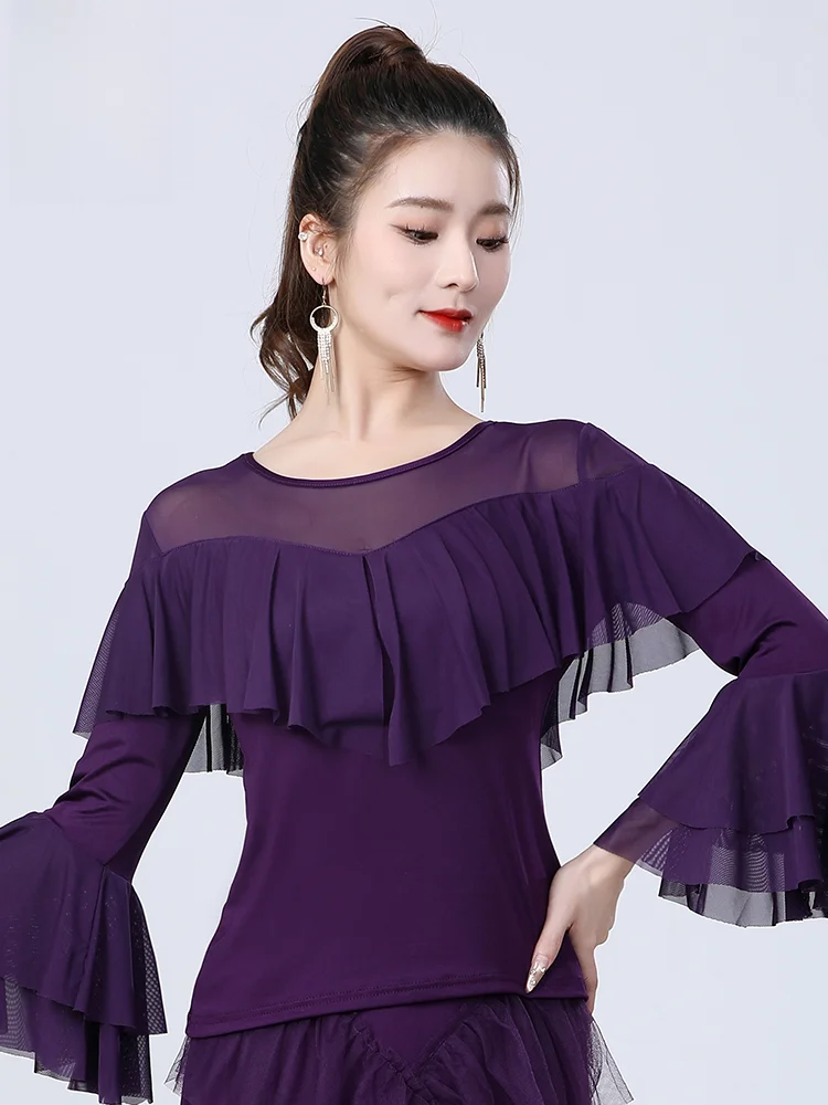 

Современный танцевальный костюм для латиноамериканских танцев: топ с сетчатыми рукавами-колокол, длинный рукав, для выступлений и тренировок, для женщин, одежда для вальса