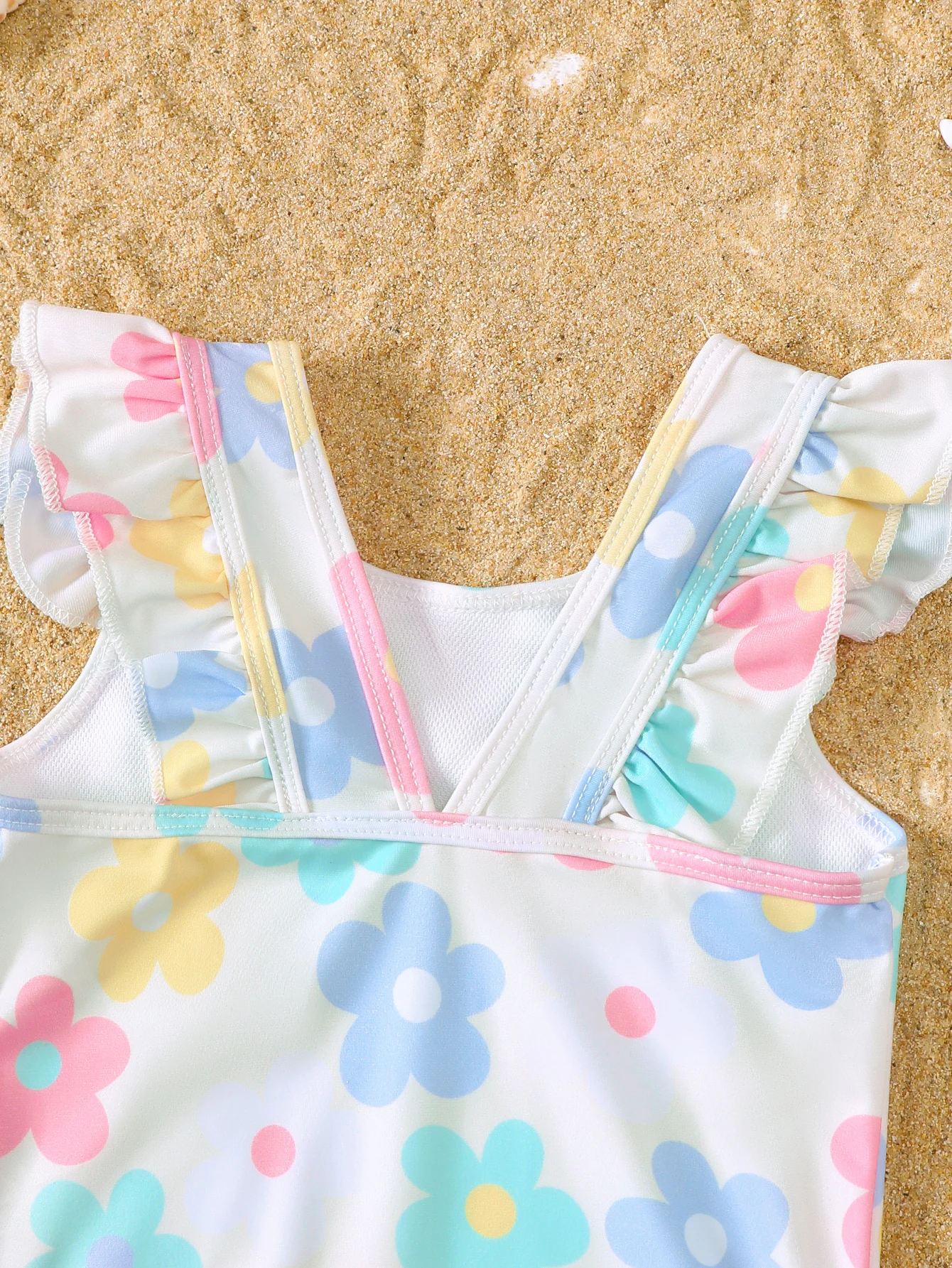 Einteiliger Badeanzug für Babys, Mädchen, Sommer, Blumendruck, Rüschenrand, ärmellos, Säuglingsbadebekleidung, bequemer Baby-Puppenanzug aus weichem Stoff – Detail 5