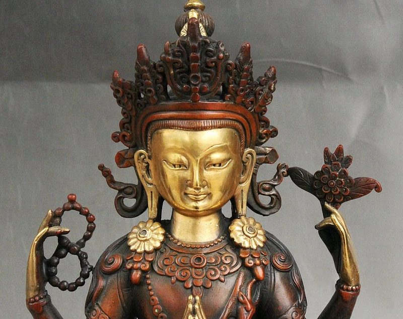 12 Tibet Buddhism Red Bronze Gold 4 arms Chenrezig Avalokiteshvara Buddha Statue