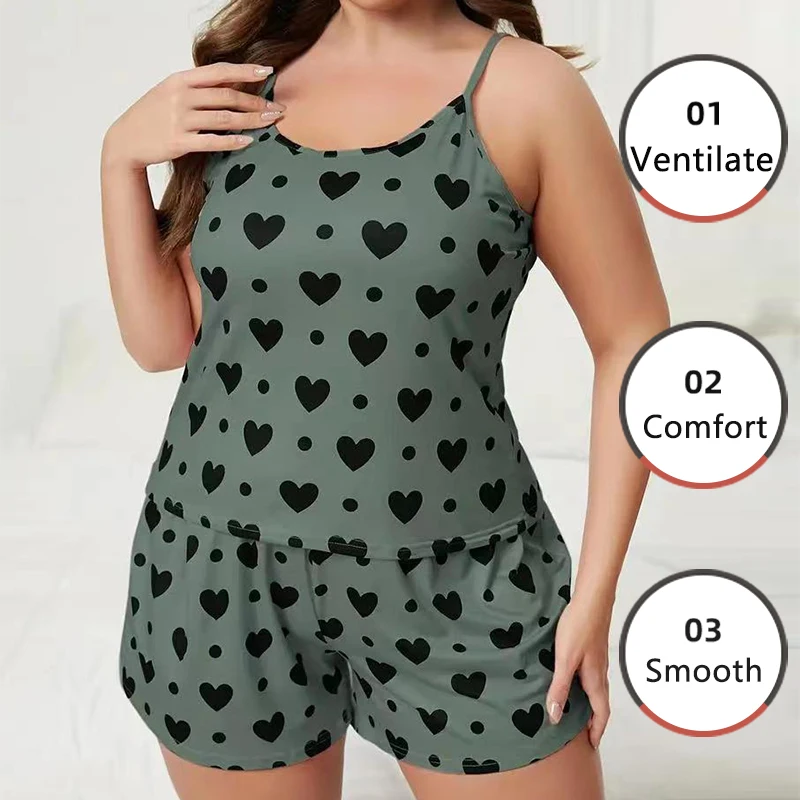 Plus-Size Women Pajamas Sleepwear Pajama Set Nightgowns Camisole Shorts Nightclothes Green XL 2XL 3XL Love Print Smooth Soft