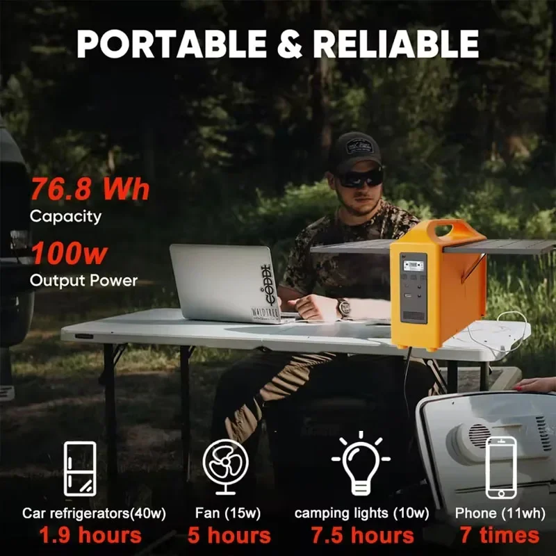 100W Portable Power Station 76.8WH Solar Power Generator Outdoor Camping with Solar Panel 24000mAh Power Bank LED for Camping