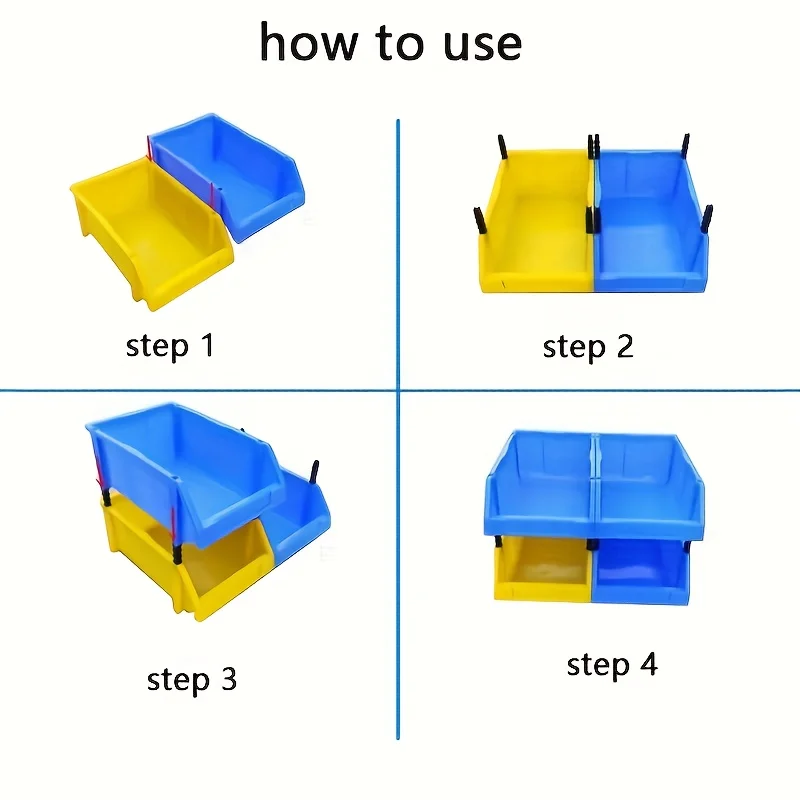 10pcs blue plastic storage bins with labeled compartments - interlocking modular organizing system, heavy-duty stackable PP containers, reinforced edges and hanging hooks suitable for garage, studio, home, space-saving shelving solution, sturdy structure, ideal for professionals and DIY enthusiasts