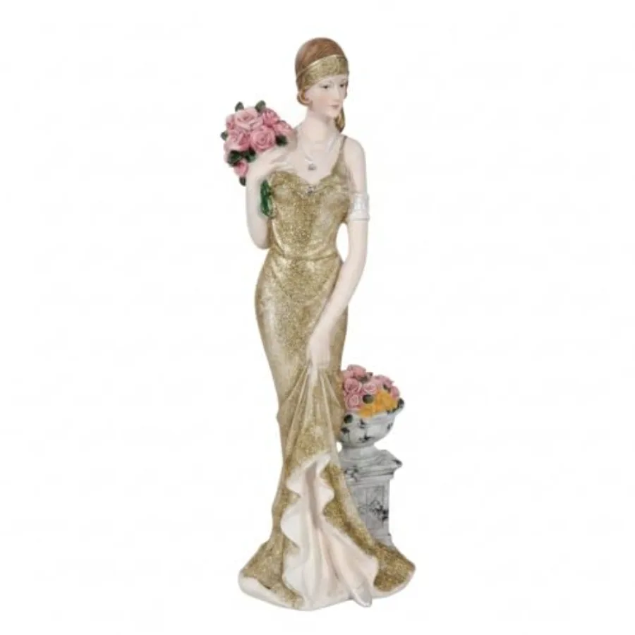 

13" Victorian Art Deco Lady with Flowers Figurine, Roaring 20s Elegant Woman Statue in Gold Dress, Sophisticated Home Office De