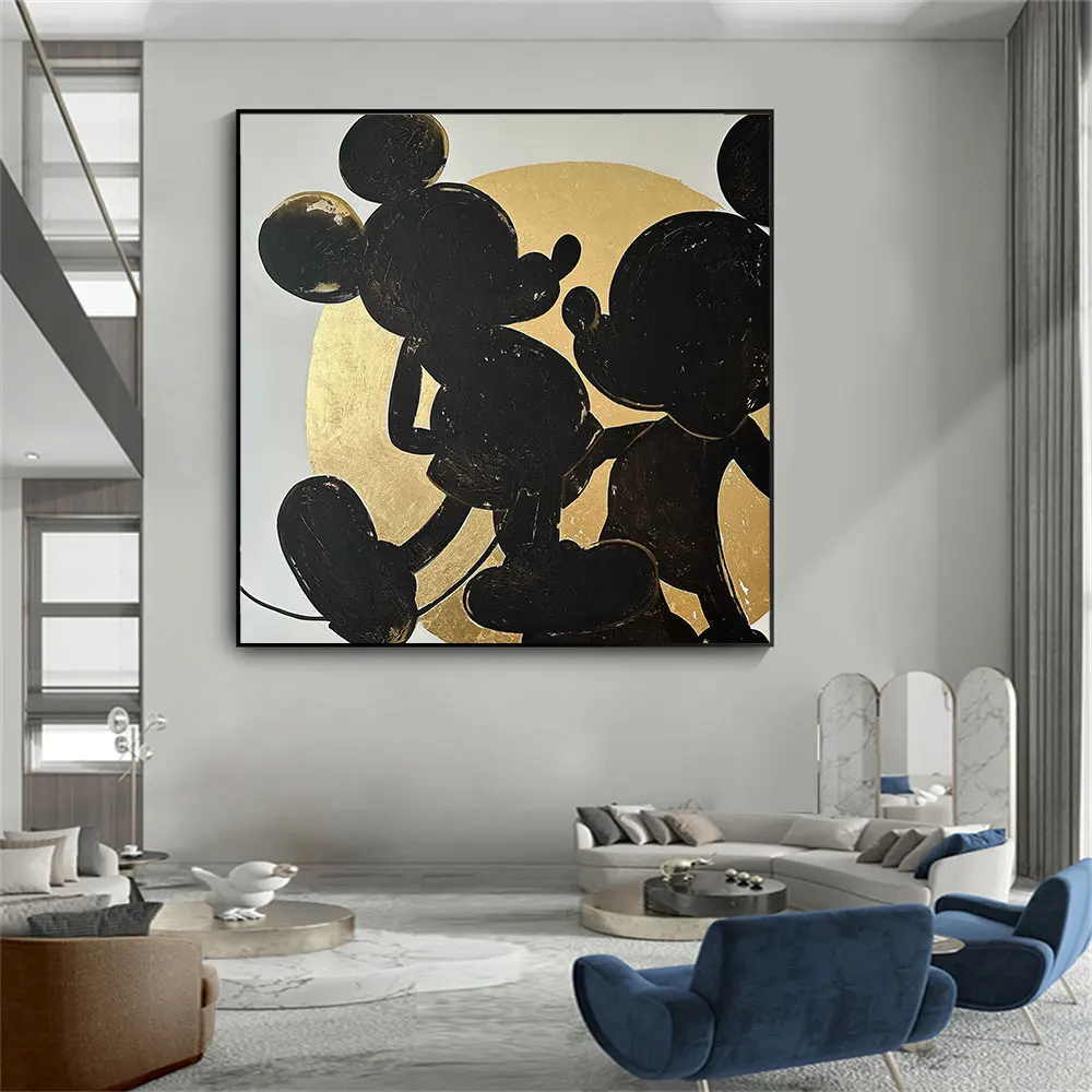 Arte Pop Abstracto de Disney, Mickey y Minnie Mouse, Silueta Grande en Negro y Dorado, Póster Decorativo de Dibujos Animados para Dormitorio