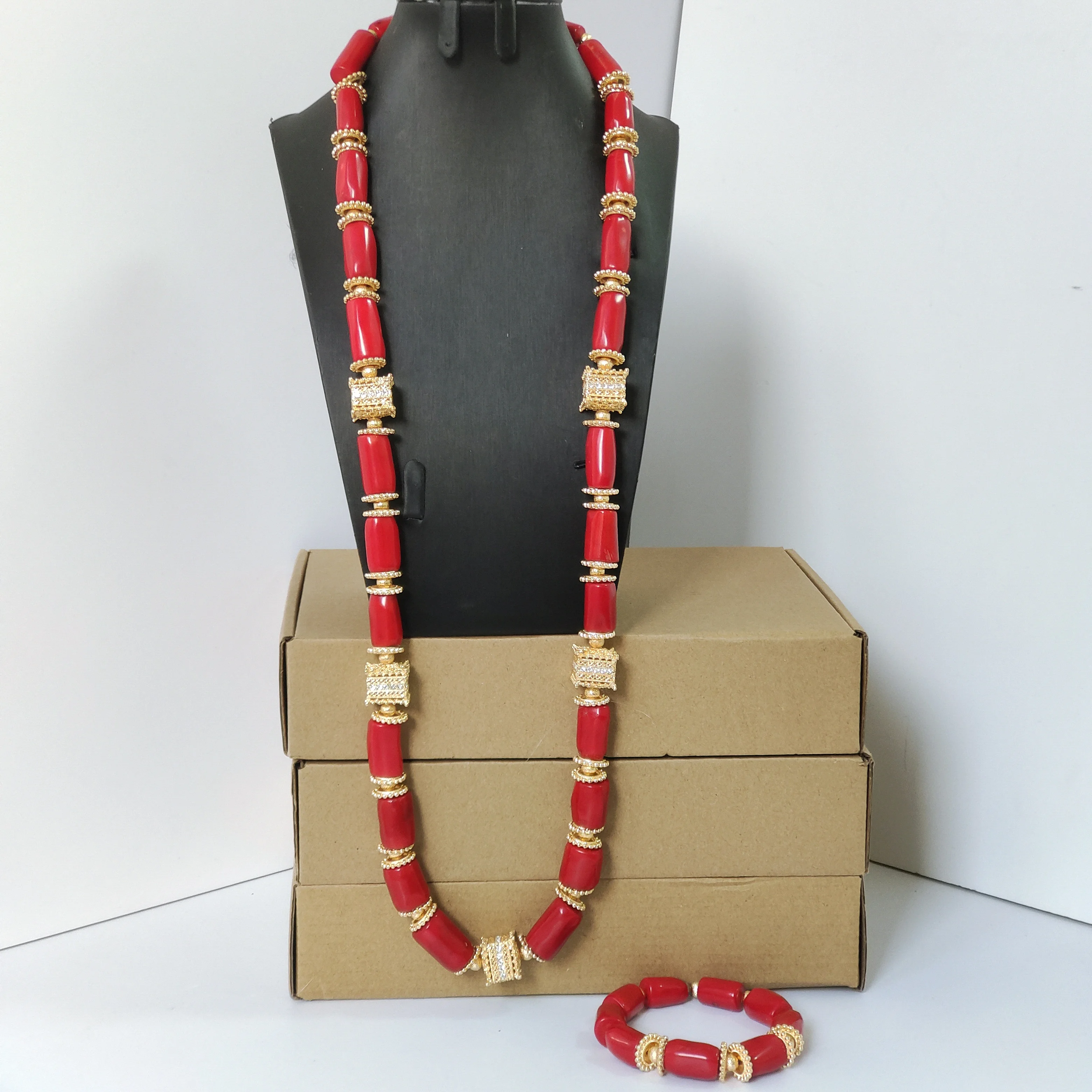

real red 36inch nigeria coral bead necklace bracelet men jewelry set for weddings