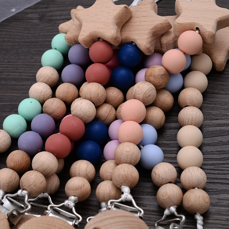 Wooden Pentagram Dummy Holder Chain Beech Wood Chew Bead Pacifier Clips For Baby Nursing Chew Teething Toy Nipple Soother Chain