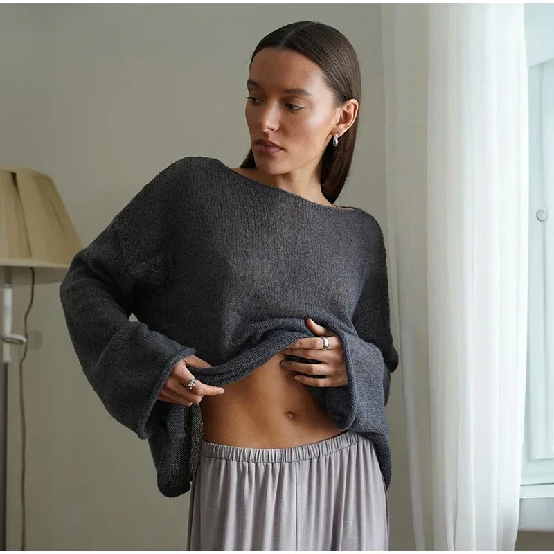 Elegant Knitted Hollow Out Pullovers Women Loose O-neck Long Sleeve See Through Jumper Summer Y2k Chic Lady Beach Sweater