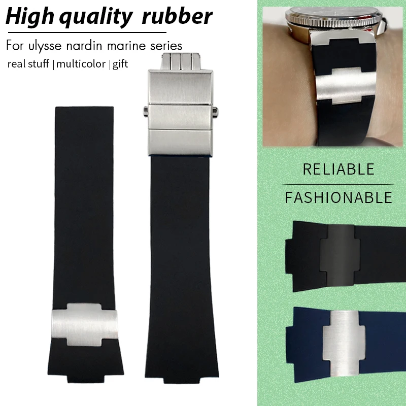 

For Ulysse Nardin Rubber Convex Watch Band 25mm 12mm MARINE 263 1183 Blue Black Silicone Watch Strap Rose Gold Folding Buckle