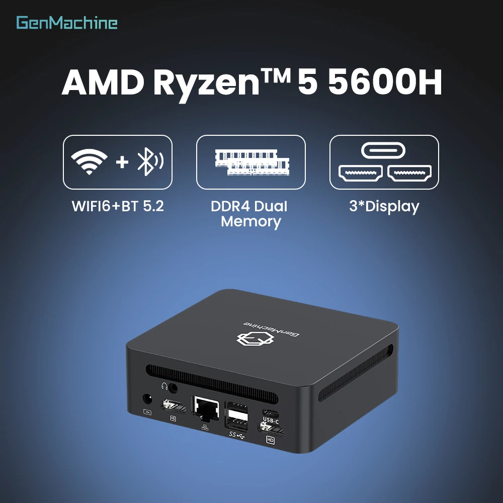 Mini PC Ordenador Genmachine AMD Ryzen 5 5600H Mini PC - 6C/12T, 15W Low Power, Radeon Graphics, Dual M.2 NVMe, WiFi 6 - Ultra