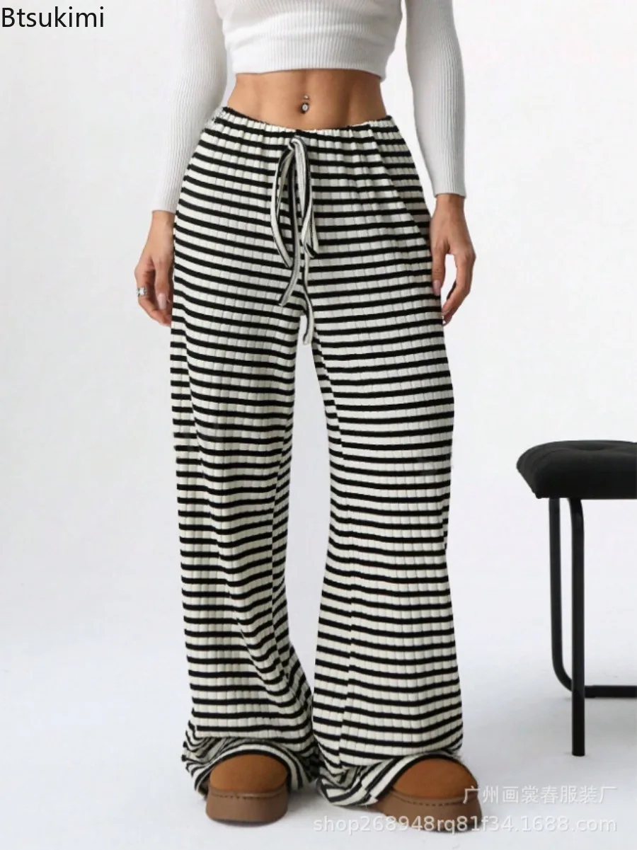 Women's Fashion Casual Striped Elastic Waistband Drawstring Straight Leg Pants Home-based Soft Daily Versatile Comfy Trousers