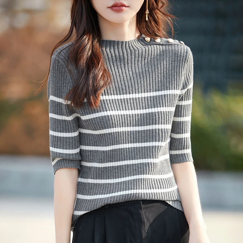 Summer New Knitted Woolen Sweater Women's Round Neck Middle Sleeve Fine Lmitation Wool Button Style Stripe Spliced Short Sleeve