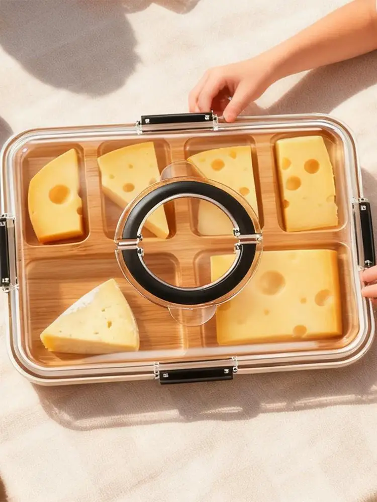 Plateau à fromage en bambou avec couvercle en acrylique à fixation sécurisée, plateau de service portable en bois recyclé pour camping, fêtes, restaurants, charcuterie