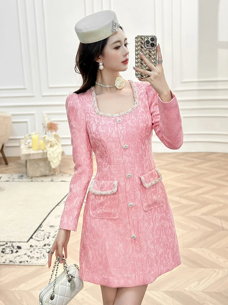 

Fashion Luxury Women Pink Sweet Elegant Pearl Square Neck Slim A-Line Mini Dress Lady Party Gown Mujer Vestidos Daily Wear New
