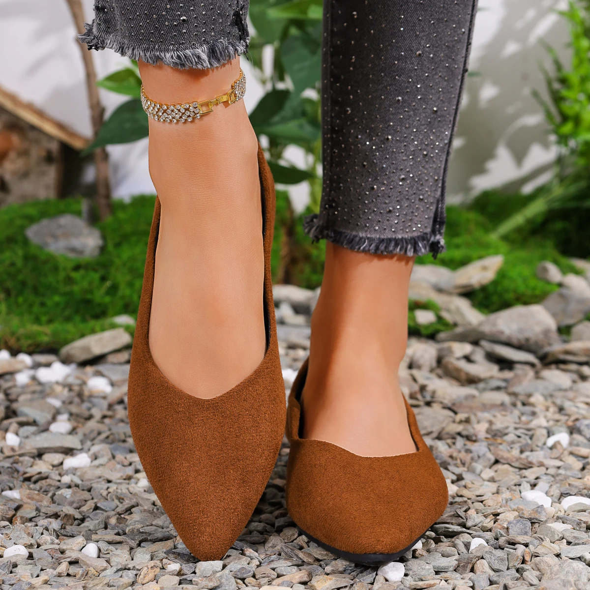 English: Women Brown Suede V-Cut Pointed Toe Flats Casual Comfortable Slip On Flat Shoes Female Work Footwear