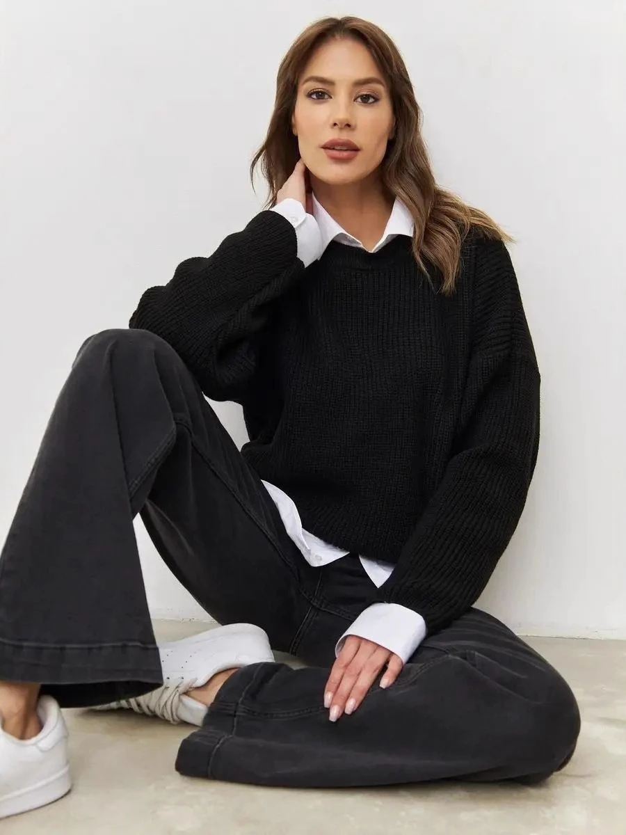 Lockerer Strickpullover rund Ne Color Frühling Herbst Damen Long Sve Lantern Sve Bequeme Passform Strickoberteil