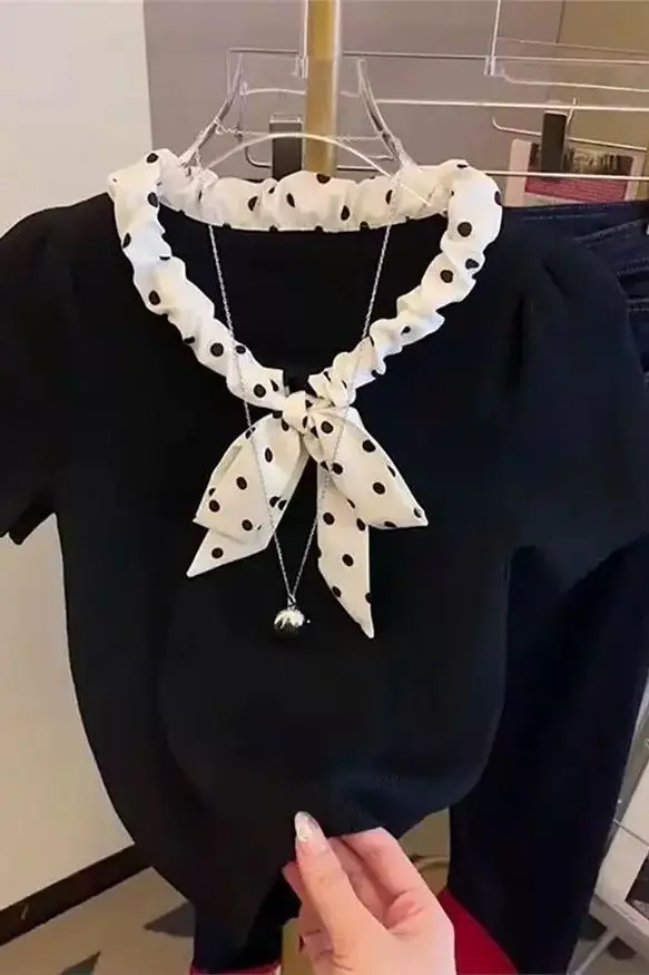 Vlinderdas chiffon T-shirt met korte mouwen voor dames Unieke en stijlvolle zomertop