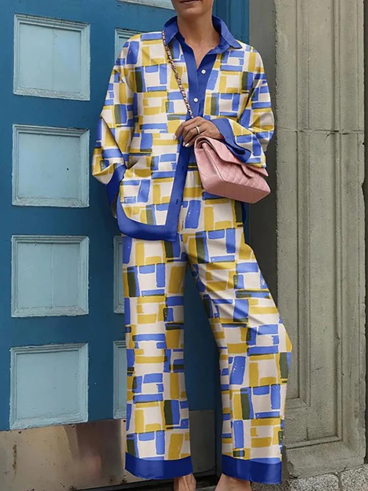 Frühling Herbst Pyjama für Frauen Zwei Stücke Gesetzt Lose Bluse Hosen Drucken Casual Multi Muster Langarm Hosen Anzug Nachtwäsche