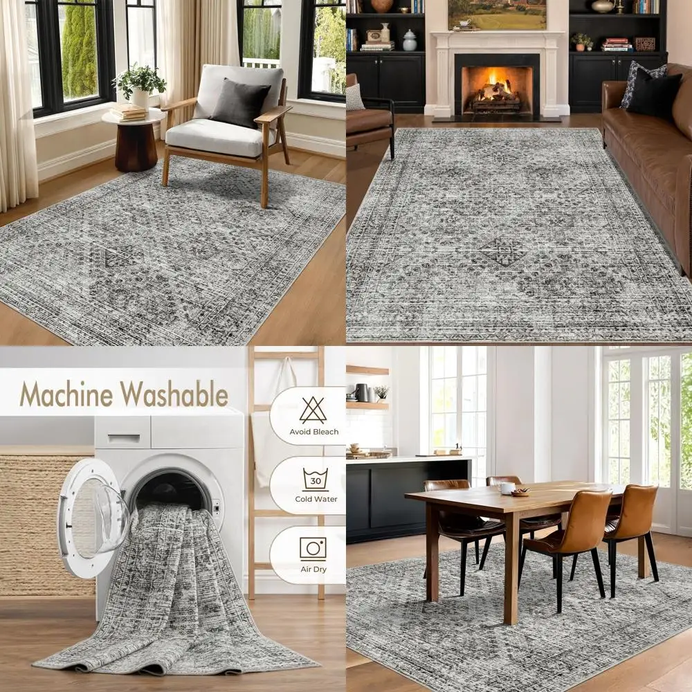 

Серый винтажный ковер 5x7, низкий ворс, моющийся, нескользящий, устойчивый к пятнам ковер для гостиной, спальни, столовой, домашнего декора