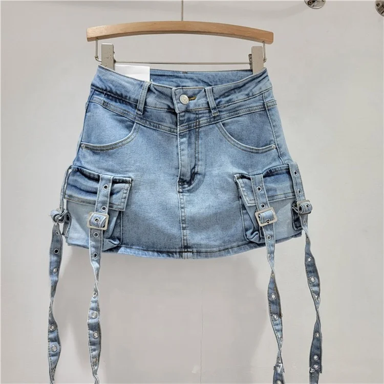Womens Casual Multiple Pockets Denim Skirt Vintage Goth Y2k Mini Skirt 2024 New Fashion Women Skirts