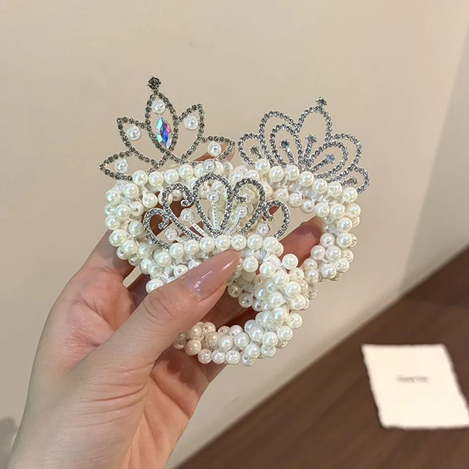 Female Beaded Pearl Diamond Crown Hair Band New Princess Style Ball Head Hair Rope Girls Tie Hair Rubber Band Head Jewelry HP01