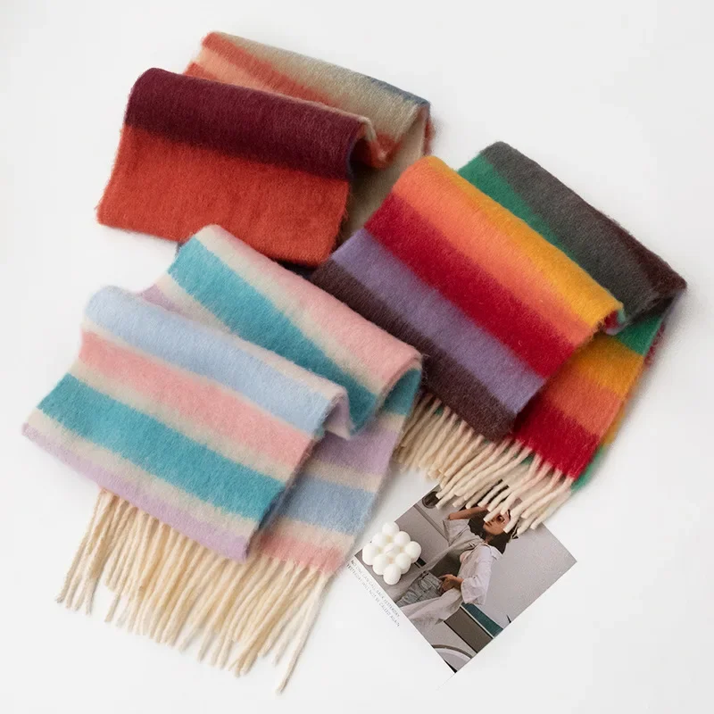 Colorful Striped Scarf with Tassels Mohair Cashmere Winter Thickened Ball Scarf Neckband Warm Rainbow Scarf Couples Accessories