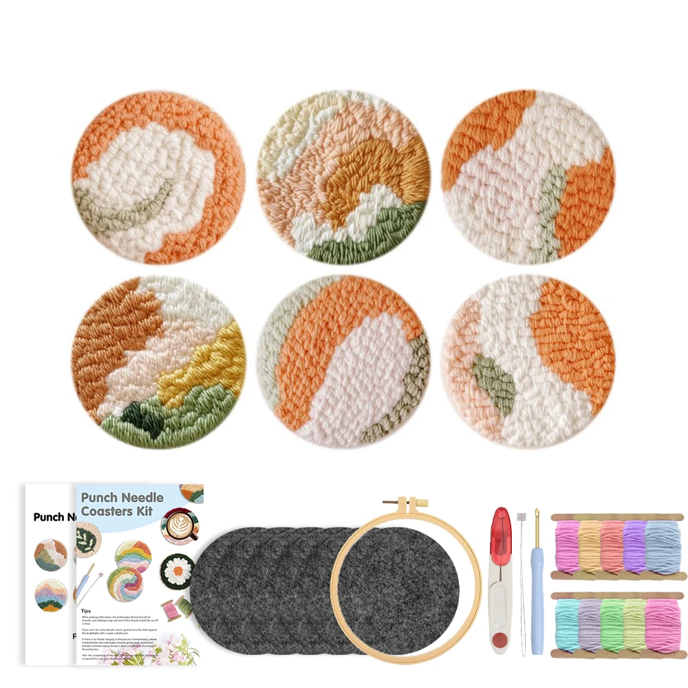 

GATYZTORY 6 Pcs Scenery Patterns Punch Needle Embroidery Pack for Adults Punch Needle Coaster Kit DIY Tableware Coasters Set
