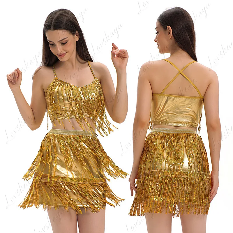 

Latin Dance Sequined Frill Skirt for Stage Performance Dress, Sexy Strapless Short Skirt Set