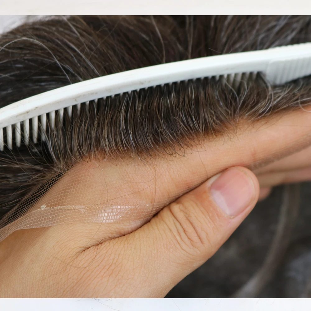 VERSALITE HD Lace Front Human Hair Toupee for Baldness Man Bleach Knots Natural Hairline 8*10 Inches 1B65 Grey Hair Prosthesis