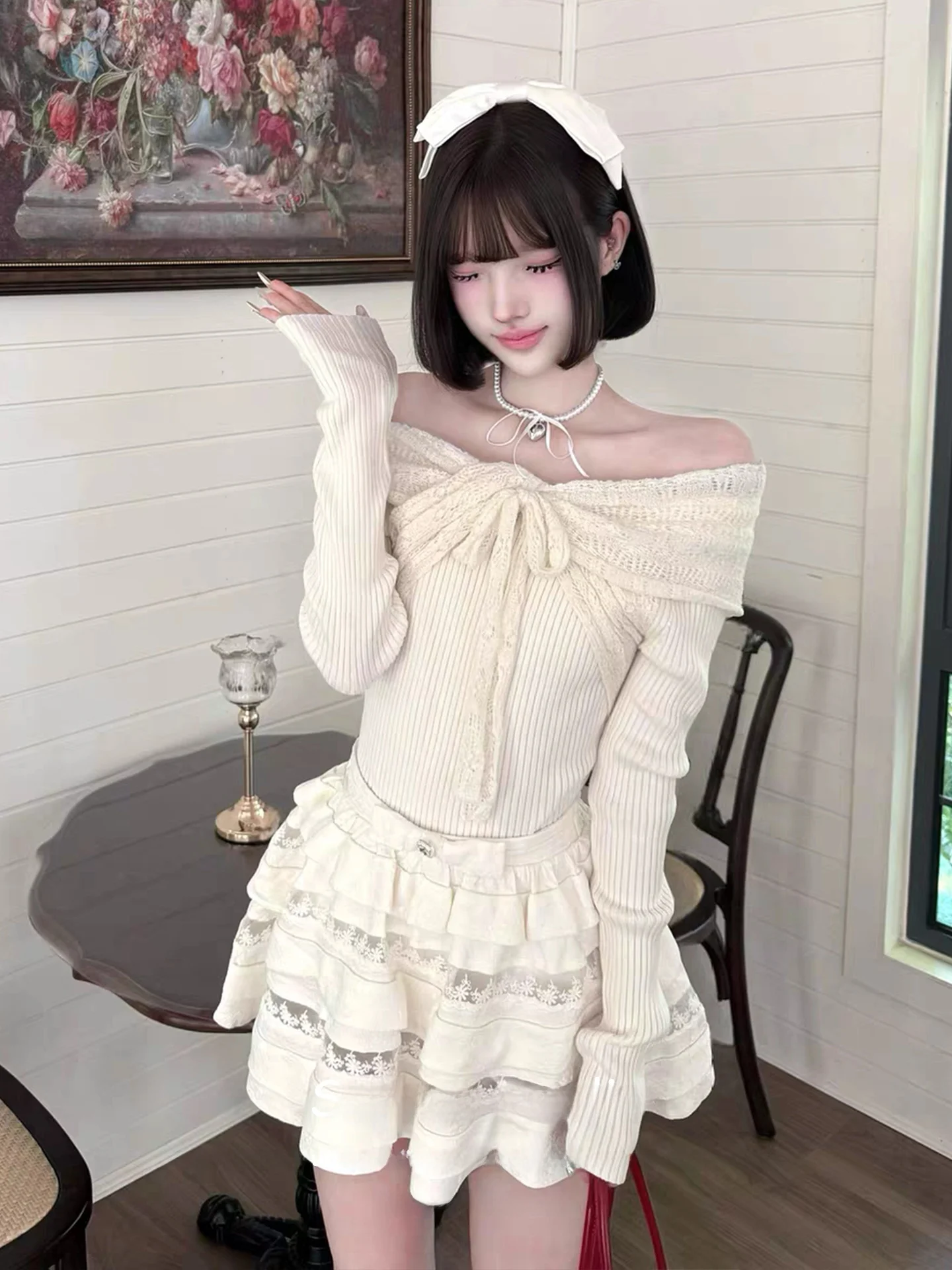 

Miu Sle Knitted One-oulder Hollow out Slim Fit Top with Knot for Women Spring Season Ci Walk Long Sve