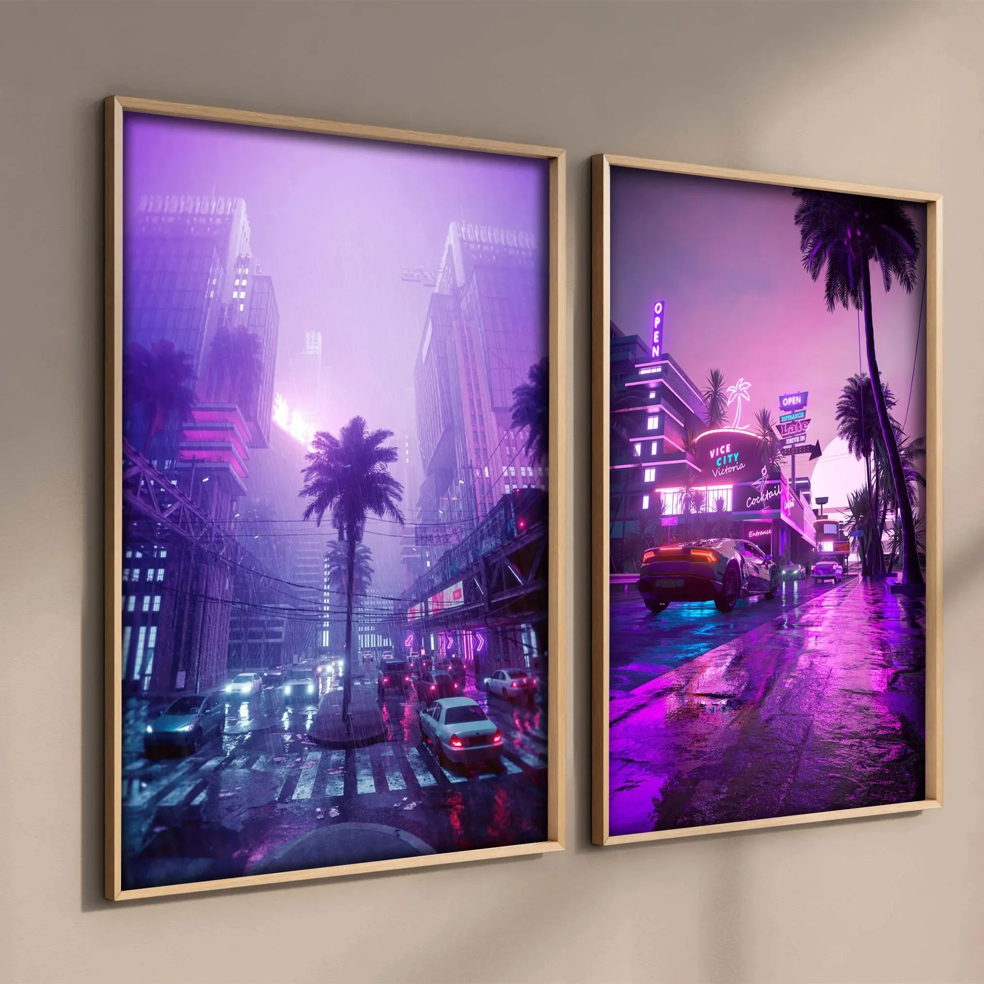 Retro Neon Street Landscape Car Posters For Room Living 80s Aesthetic Painting Canvas Print Art Home Wall Decor Pictures Gifts