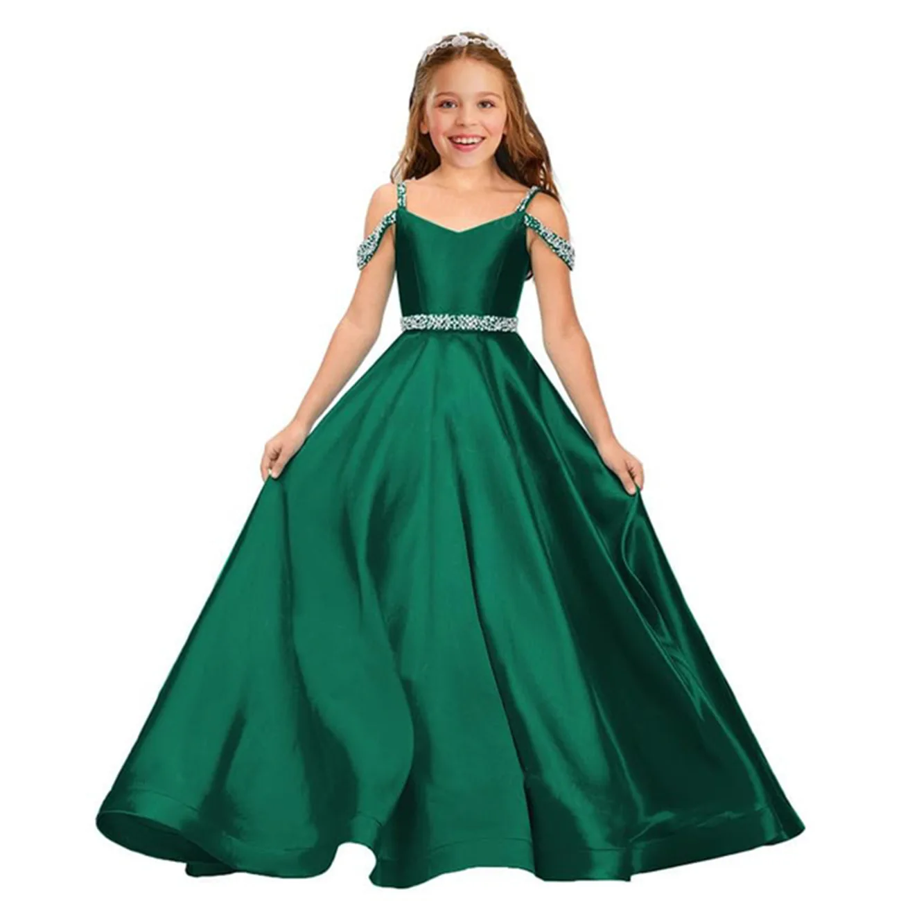 Eleganti abiti da festa di nozze per bambini in raso con perline lunghe con spalle scoperte compleanno Flower Girl Dress abiti da sera formali per ragazze