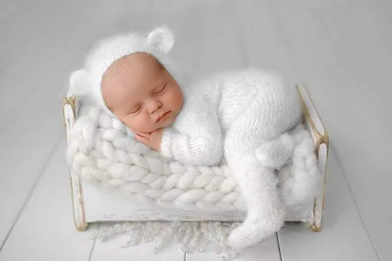 2pcs/set Newborn Photography Props Baby Costume Romper Jumpsuit Crochet Hat Wool Baby Boy Girl Outfit Baby Animal Photo Prop