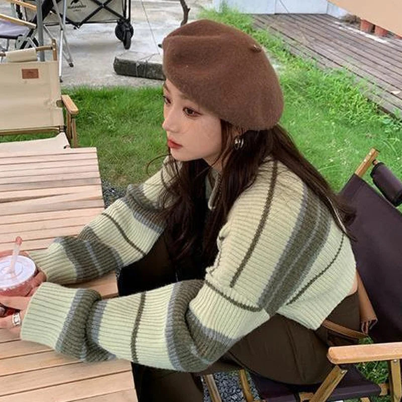 

Пуловеры женские в полоску укороченные милые универсальные свидания отпуск вязание BF свободные джемперы студенческие женские весенние повседневные повседневные с круглым вырезом