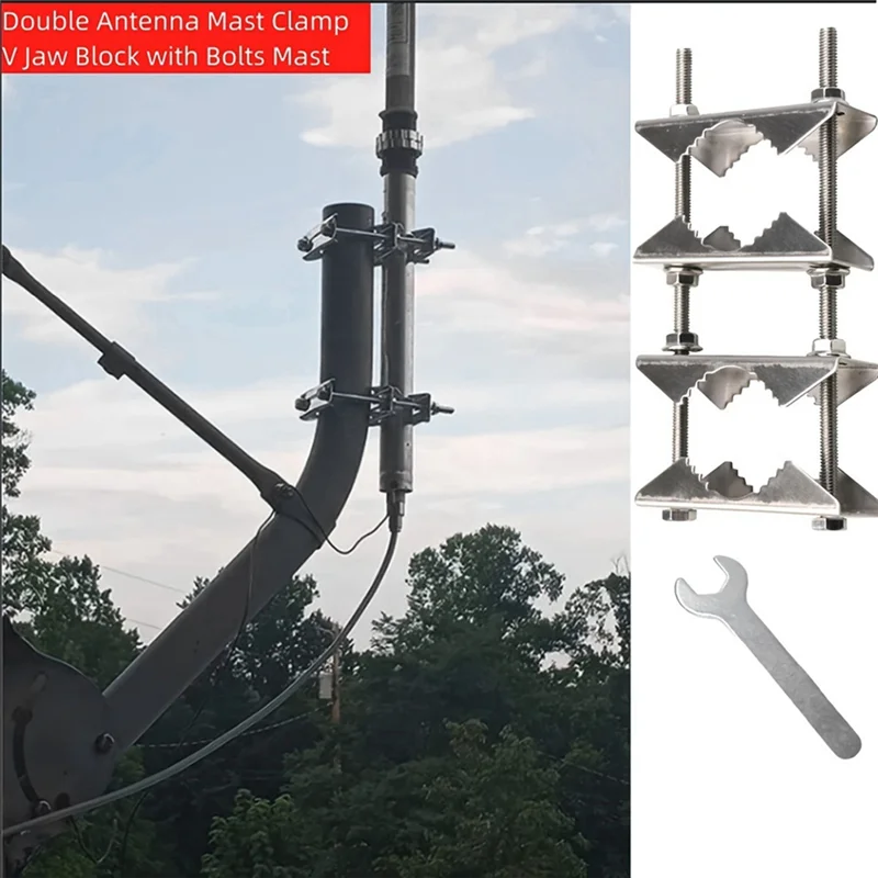 WHYY-Double Antenna Mast Clamp V Jaw Block Patio Umbrella Holder Heavy Duty Pole Topole Antenna Mast Clamp