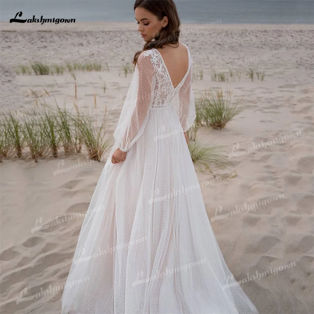 Increíble vestido de novia de línea A con red de puntos, mangas largas, cremallera personalizada en la espalda con abertura lateral Sexy, vestidos de novia