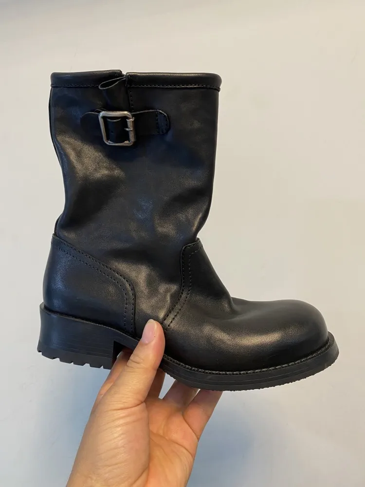 Autumn New Women Mid Calf Boots Moto Biker Riding Shoes Round Toe Tchik Platform Cowhide Genuine Leather Boots Vintage Footwear