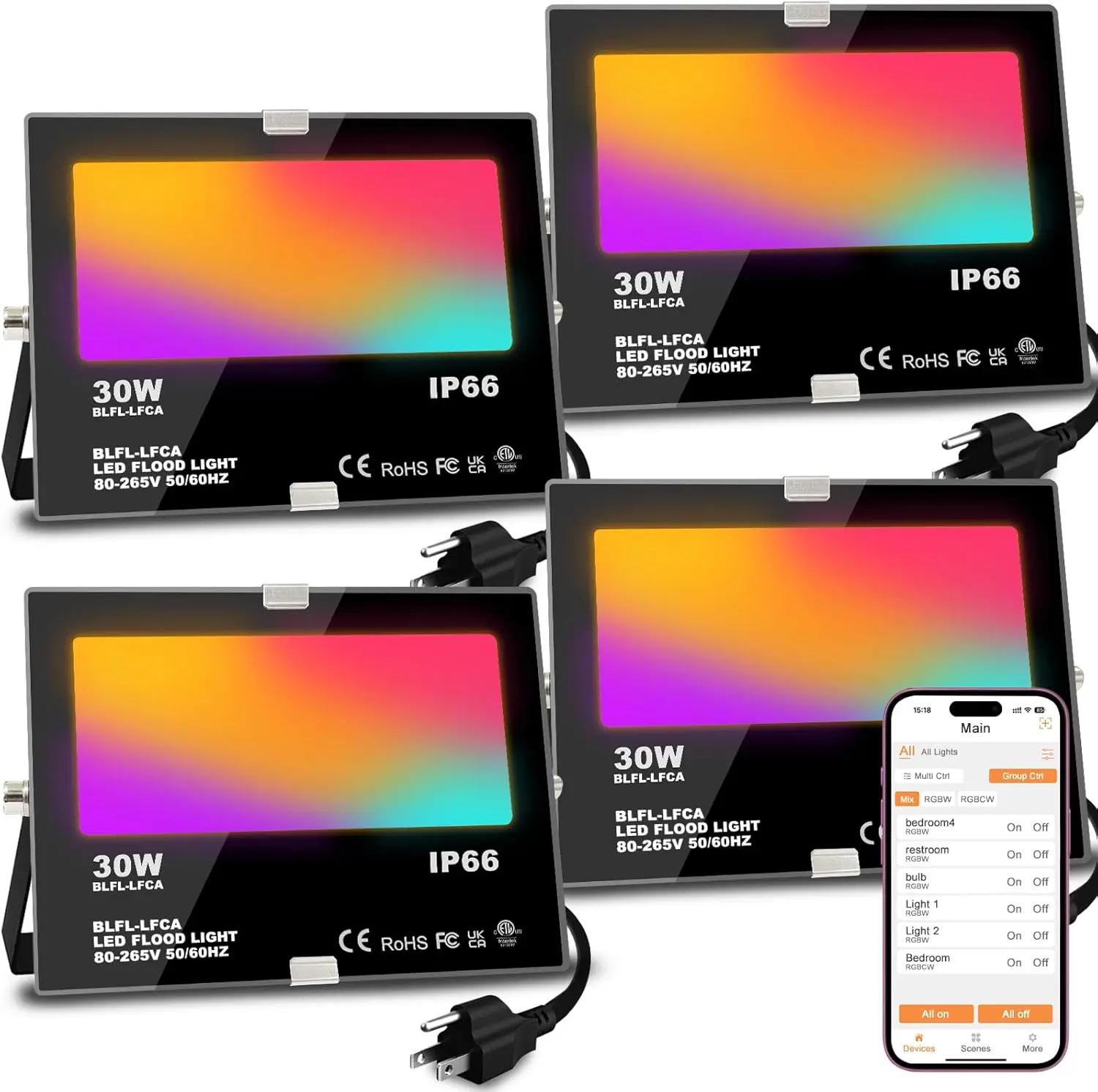 

Уличный светодиодный прожектор 30 Вт, эквивалент 300 Вт, умное RGB-освещение для ландшафта с управлением через приложение, водонепроницаемость IP66