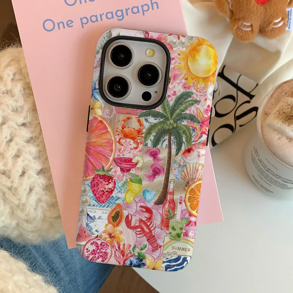 Ins Korean Pink Tropical Fruit Case for IPHONE 17 16ProMax 15 14 13 12 11 PRO Plus Acrylic TPU Two in One Magnetic Phone Cases